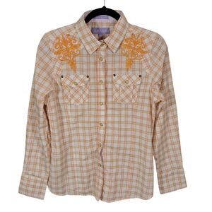 Lamasini Women Large Plaid Long Sleeve Pearl Snap Western‎ Shirt Embroidered